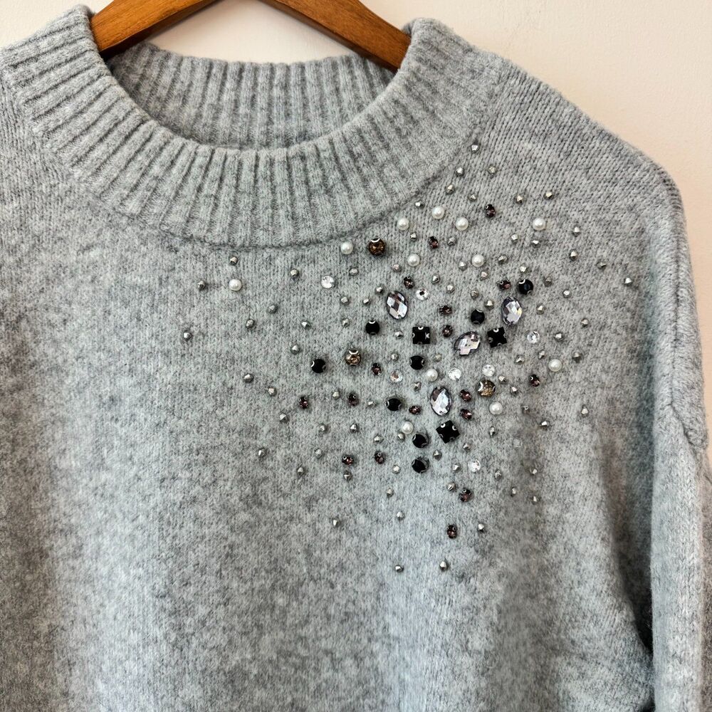 A New Day Grey Rhinestone Embellished Crew Neck Sweater Size Small - Picture 2 of 6